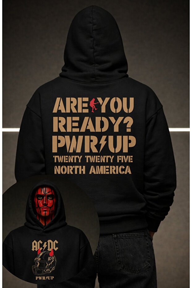 Unisex Ac-Dc Are You Ready Pwrup Back Printed Hooded Sweatshirt, Oversized Rock Band Themed Hoodie