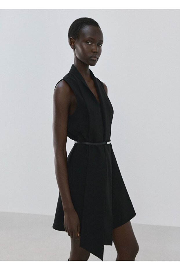 Kemerli fularlı elbise - 7