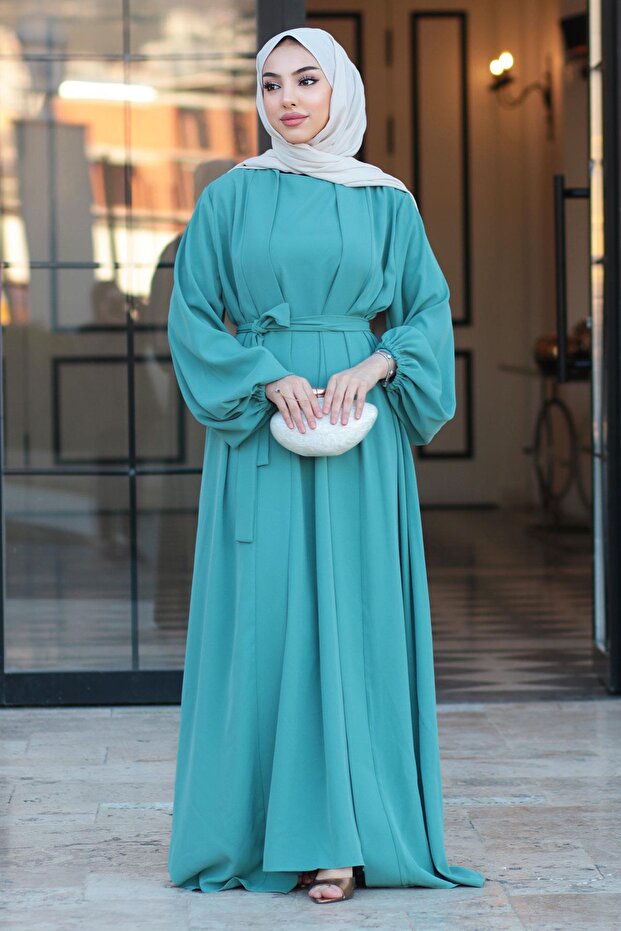 Elastic Sleeves Double Abaya Set – Mint