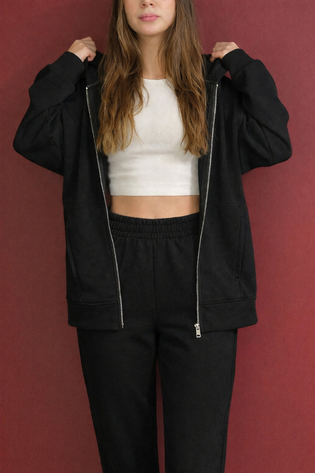 Women's Black Hooded Oversize Modal Fabric Soft Touch Zippered Cardigan