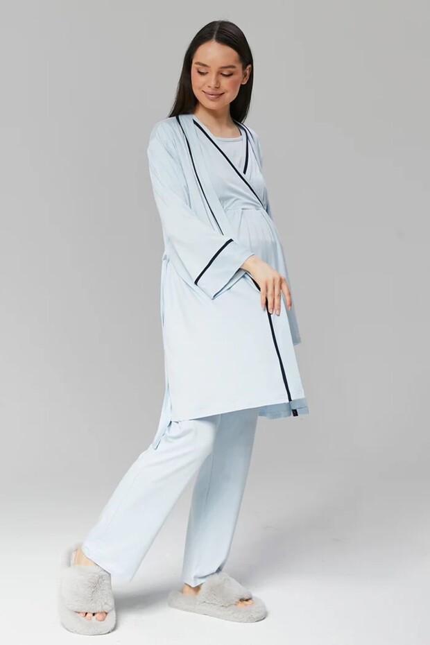 Women's Blue Double-Breasted Summer 100% Cotton Short-Sleeved Maternity Pajama Set 3-Piece Set
