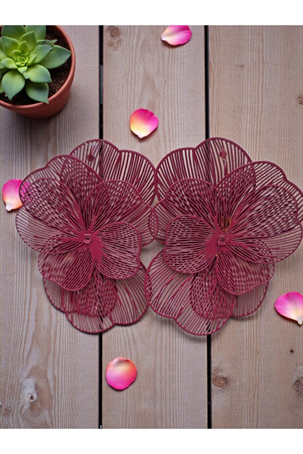 Large Size Burgundy Flower Metal Wire Embroidered Dangle Steel Earrings