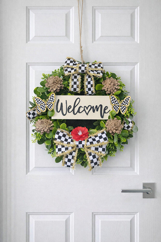 Welcome Kapı Süsü Simli Damalı Kurdele Kelebek - 1