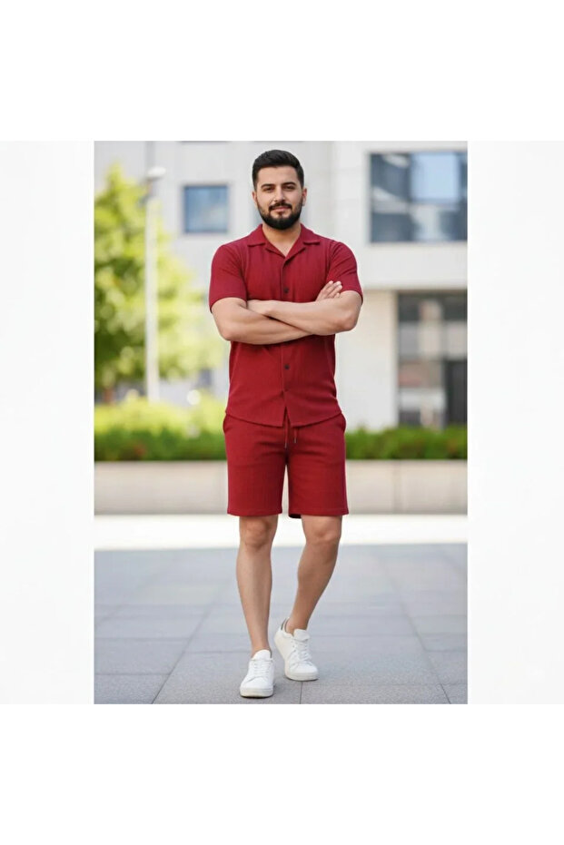 Men's Waffle Fabric Short Sleeve Shirt Shorts Set Regular Fit Summer Two-Piece Set - Burgundy