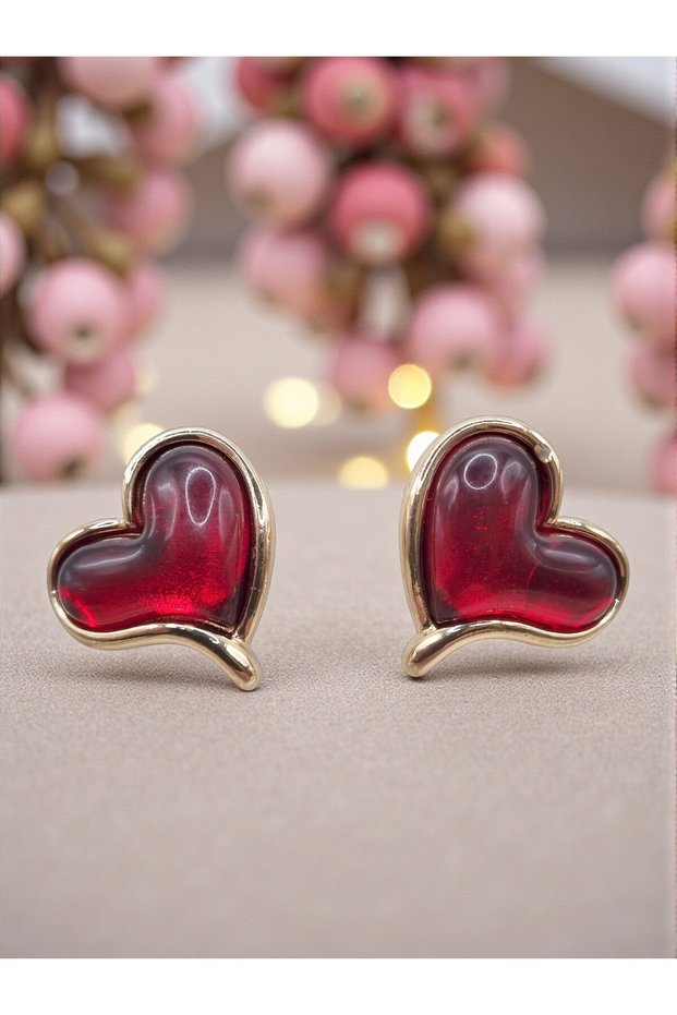 Heart Stone Romantic Red Enamel Gold Color Studded Steel Earrings