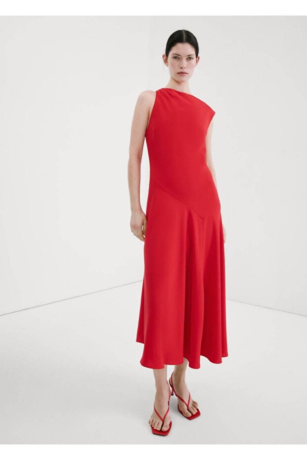 Asimetrik kollu midi elbise - 2