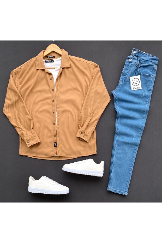 Men's Corded Fabric Knitted Shirt T-Shirt and Slim Fit Jeans Set