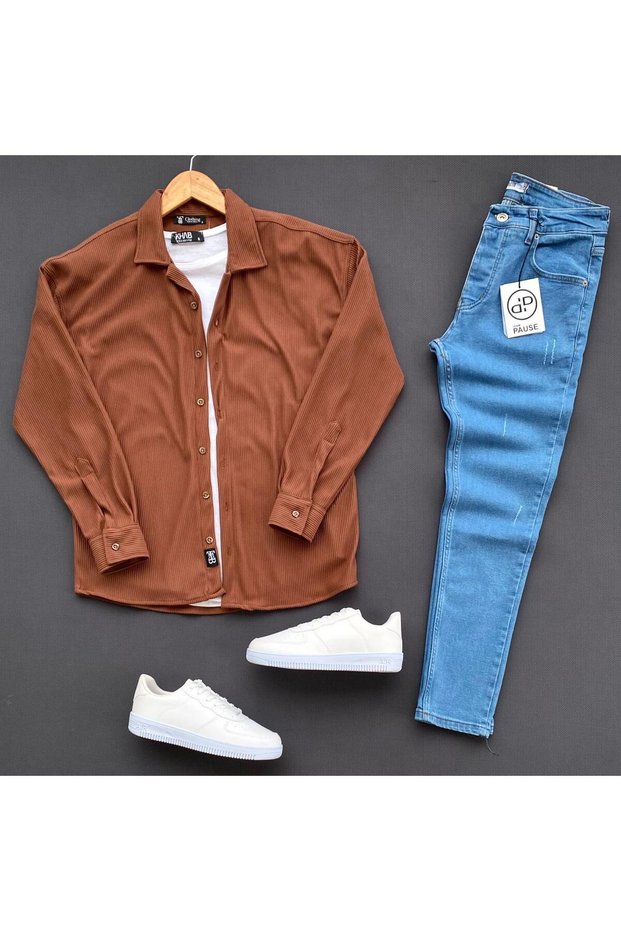 Corded Fabric Knitted Shirt T-Shirt and Slimfit Jeans Pants 3-Piece Set Suit Men