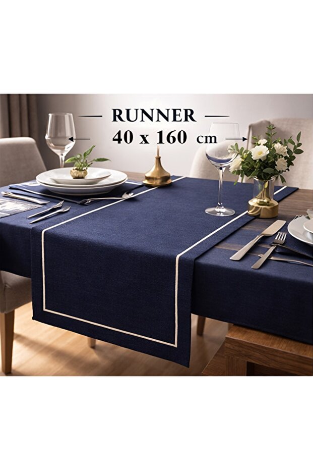 Polyester Linen Dowry Piko Wrap Detailed Navy Blue Runner 40 X 160 - 1 Piece