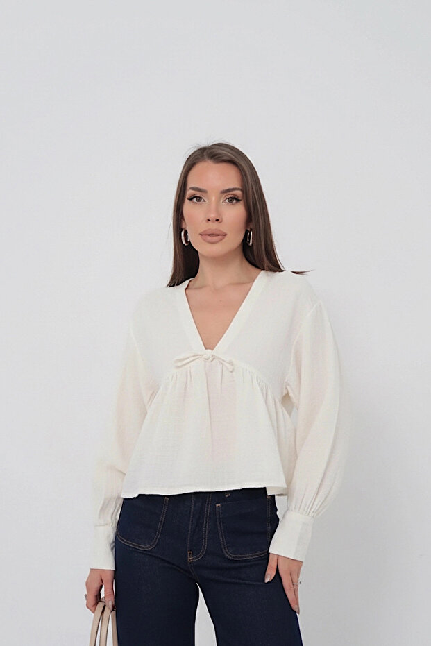 Women's Ecru V-Neck Front Lace-Up Loose Long Sleeve Muslin Blouse