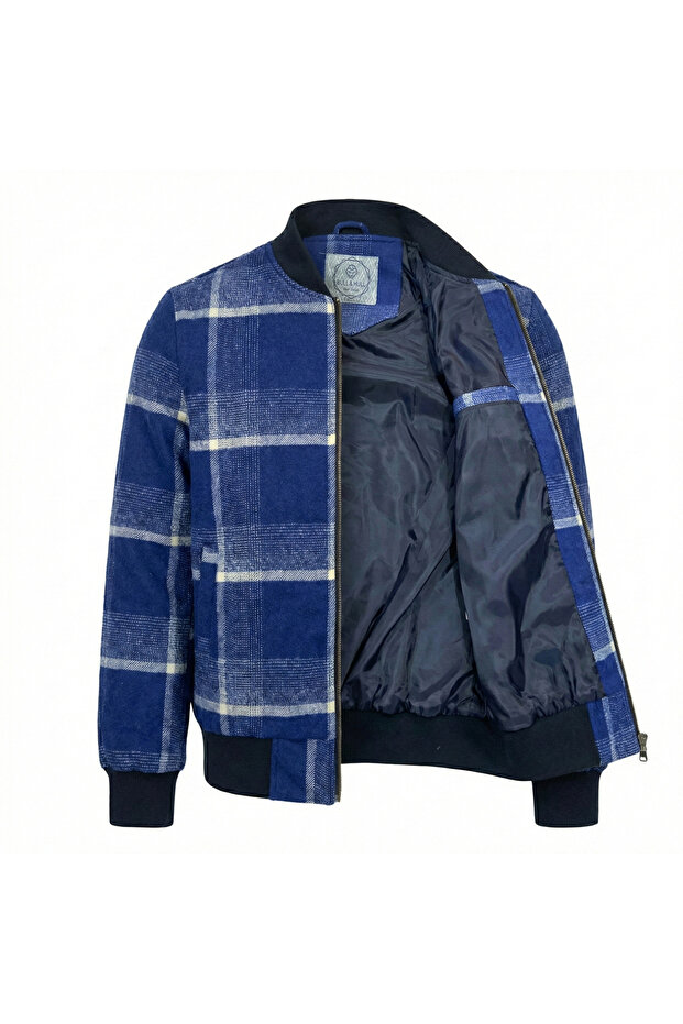 Ekose Desenli Kaşe Kolej Mont Mavi - 1