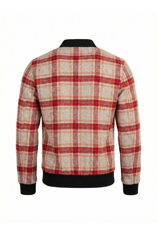 معطف كشمير منقوش بنمط مربعات باللون الأحمر - 3