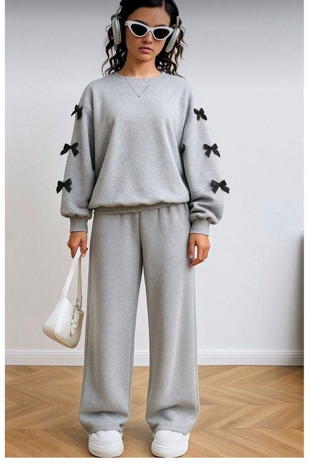 Girls' Gray Sweatshirt with Black Ribbon Gray Loose Fit Tracksuit Set