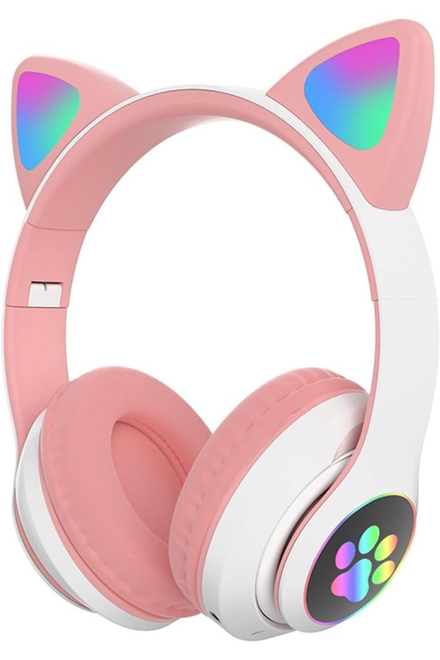 Kids' Bluetooth wireless over-ear cat ear headphones with microphone, suitable for children, teenagers, and adults (pink)