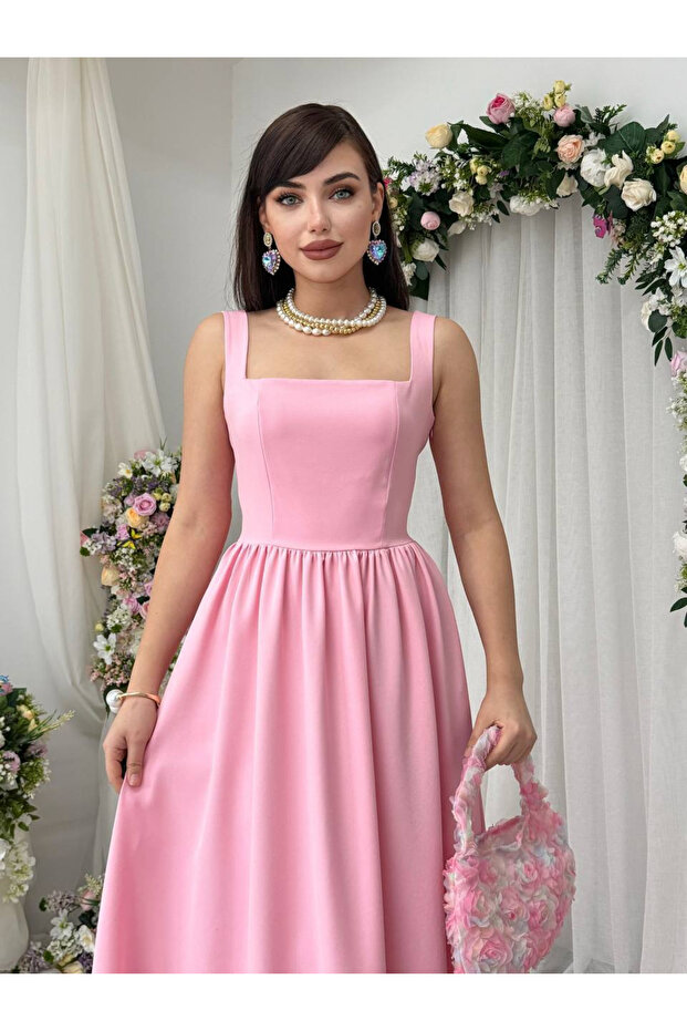 Strappy Square Neck Bow Detailed Long Dress Pink