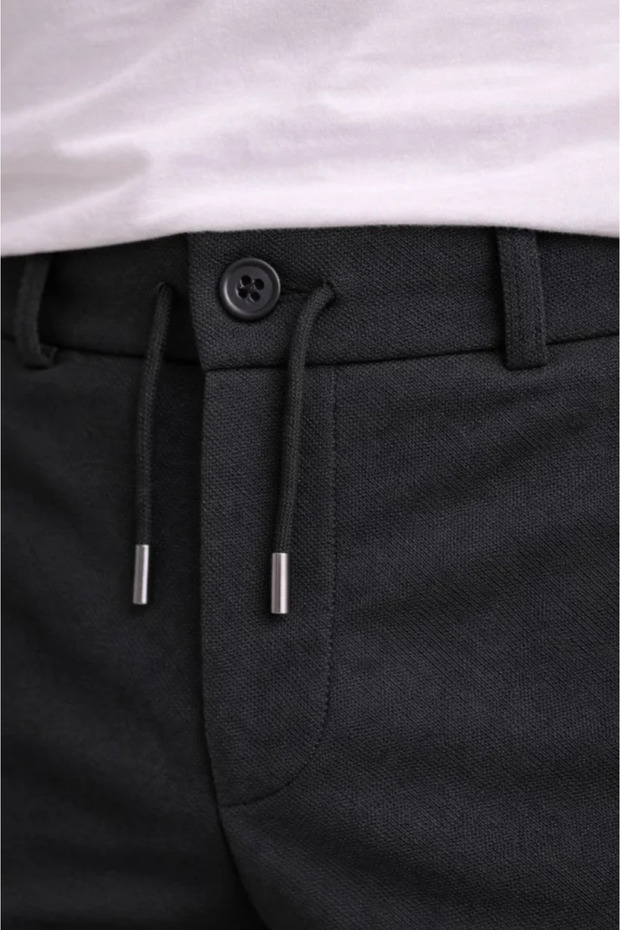 Men's Diagonel Micro Textured Double Leg Pocket Trousers with Lace-Up Waist, Modern Cut - Black