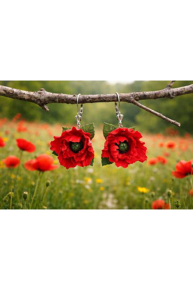 Wild Poppy Flame Handmade Poppy Earrings–Red Floral Dangle Polymer Clay Earrings
