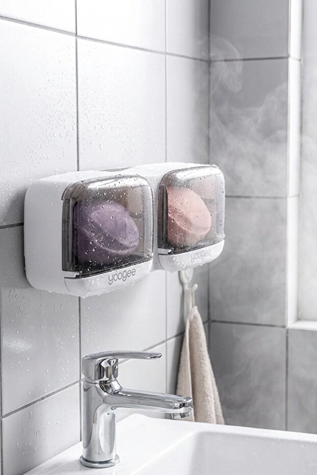 ® Wall Mounted Double Lid Plastic Solid Soap Dispenser Organizer – Adhesive for Bathroom & Kitchen - 4