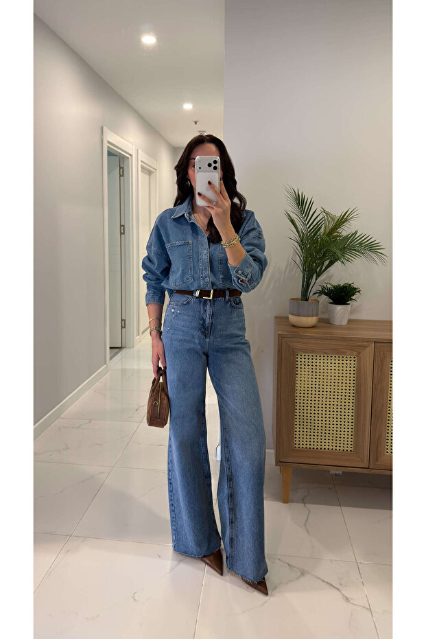 Mirorda Blue Extra High Waist Wide Leg Jeans
