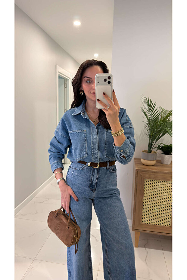 ZR Soway Mavi Oversize Denim Gömlek - 4
