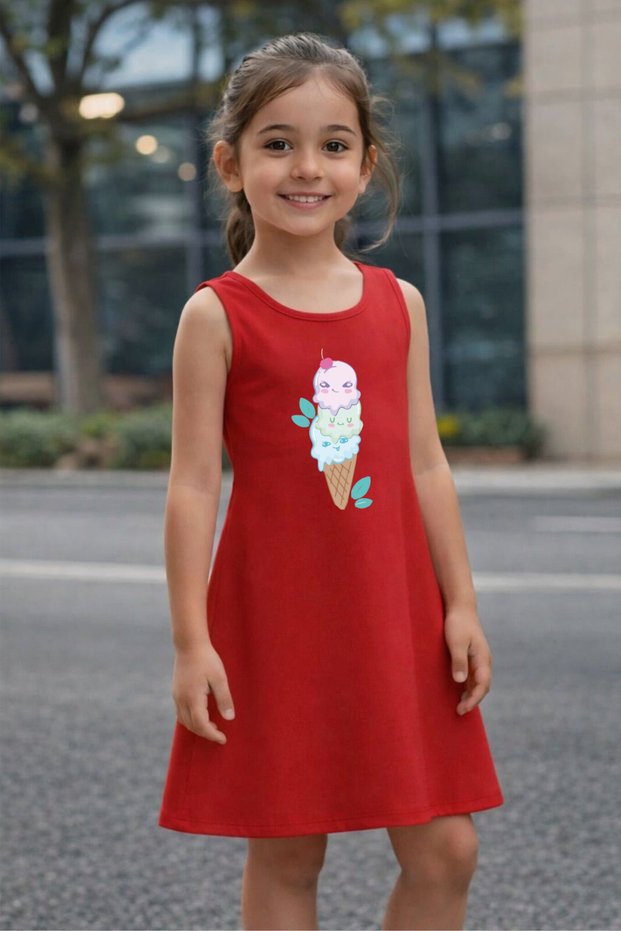 Girls' Summer Dress with Ice Cream Print