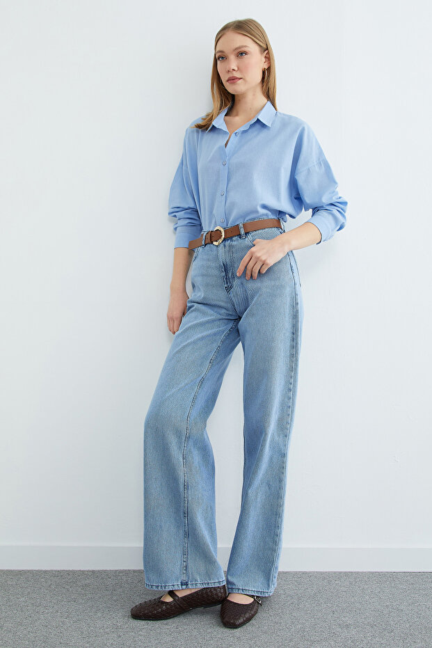 Basic Keten Görünümlü Oversize Gömlek - 3