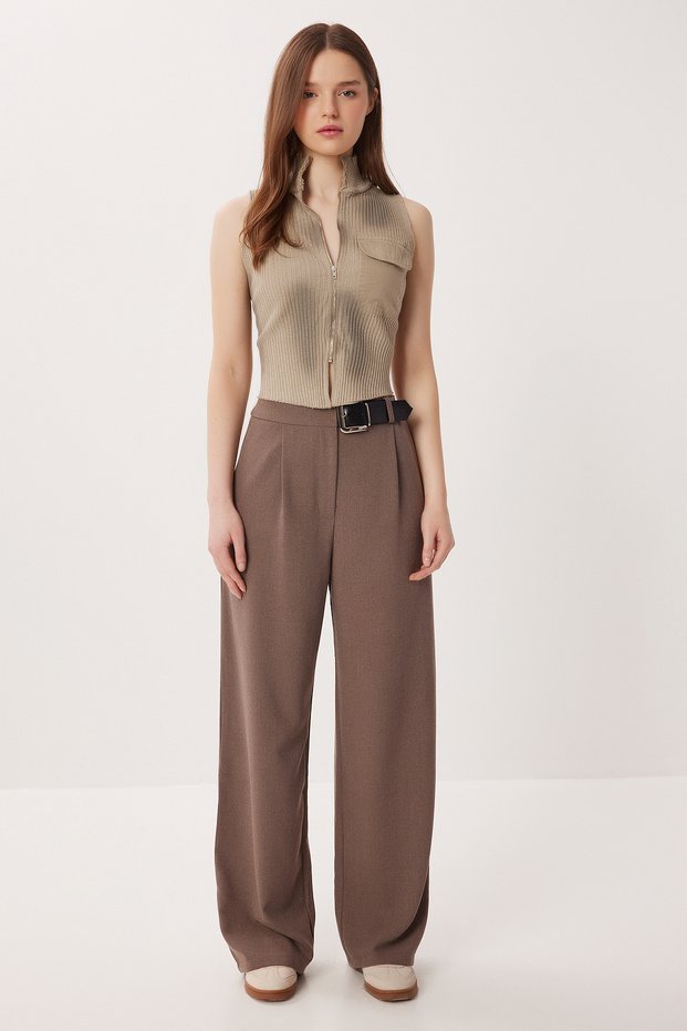 Belt Detailed Woven Palazzo Trousers Lby0044 Vi̇zon