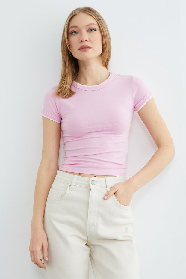 Basic Bisiklet Yaka Biyeli Crop Tişört - 3