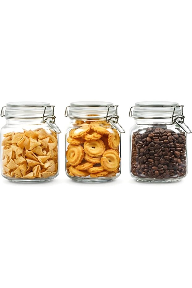 Glass Canister Set with Clamp Lid, 3 Piece, 1000ml Capacity, Clear Glass Jars for Kitchen