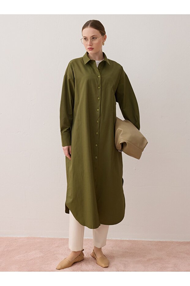 Poplin Kumaşlı Uzun Basic Gömlek - Haki - - 2