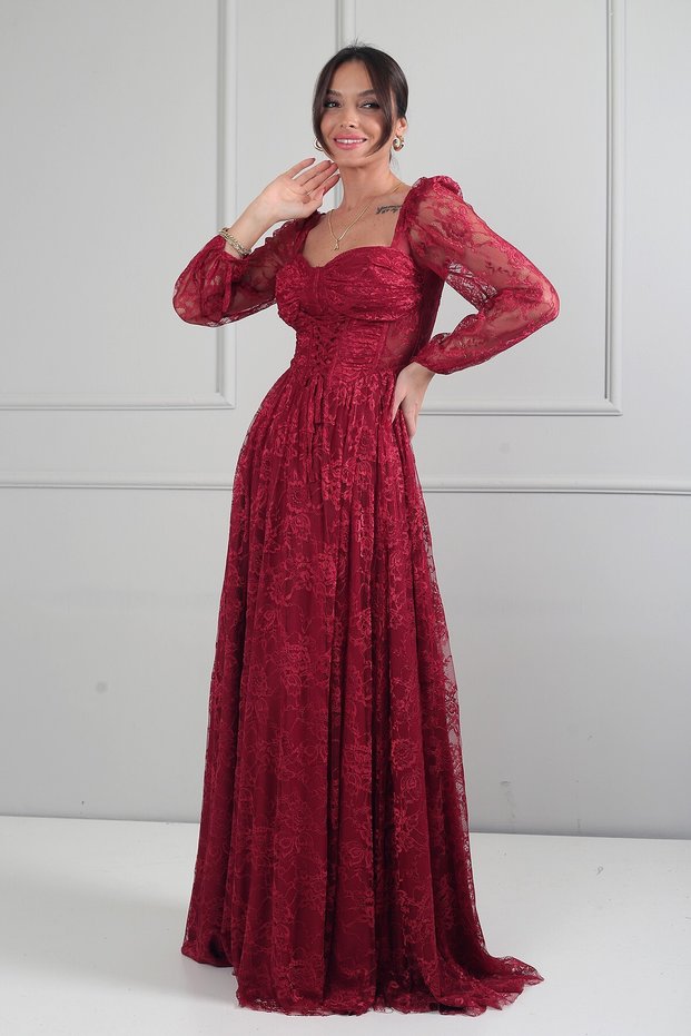Women's Sweetheart Neck Front Corset Detailed Lace-Up Lined Floral Pattern Lace Tulle Long Dress