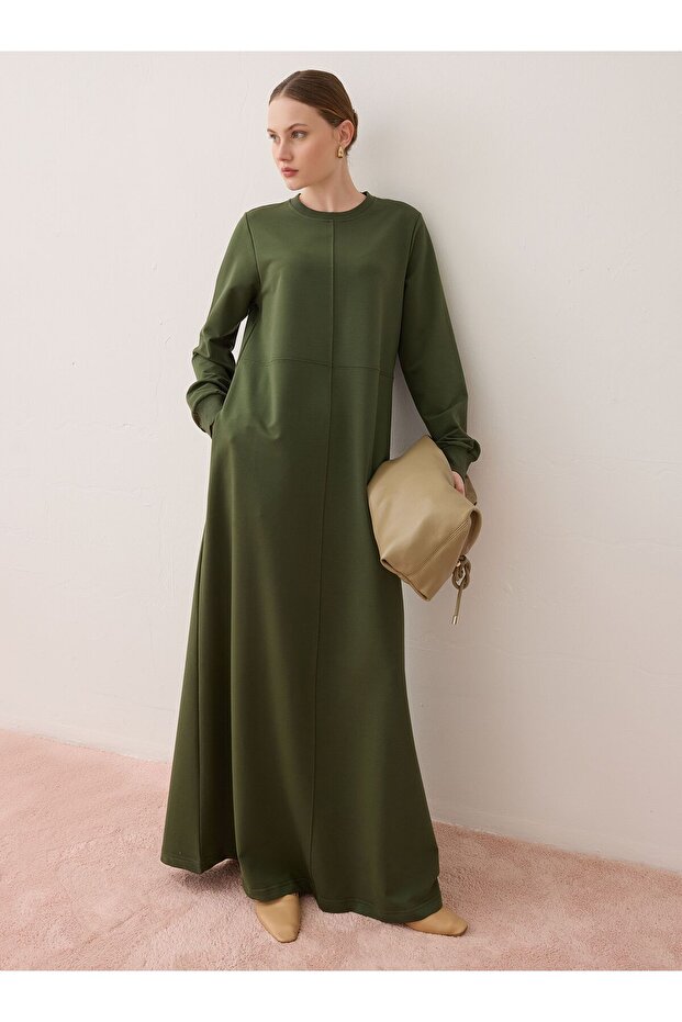 Cep Detaylı Basic Tesettür Elbise - Haki - - 3