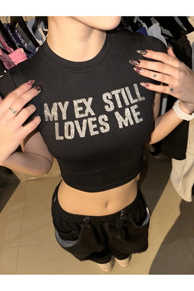 Black My Ex Still Loves Me Stone Printed Crop