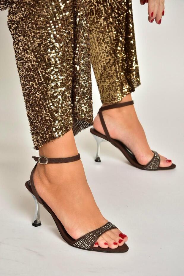 Y820012004 Brown Fabric Thin Metal Heeled Women's Evening Dress Shoes