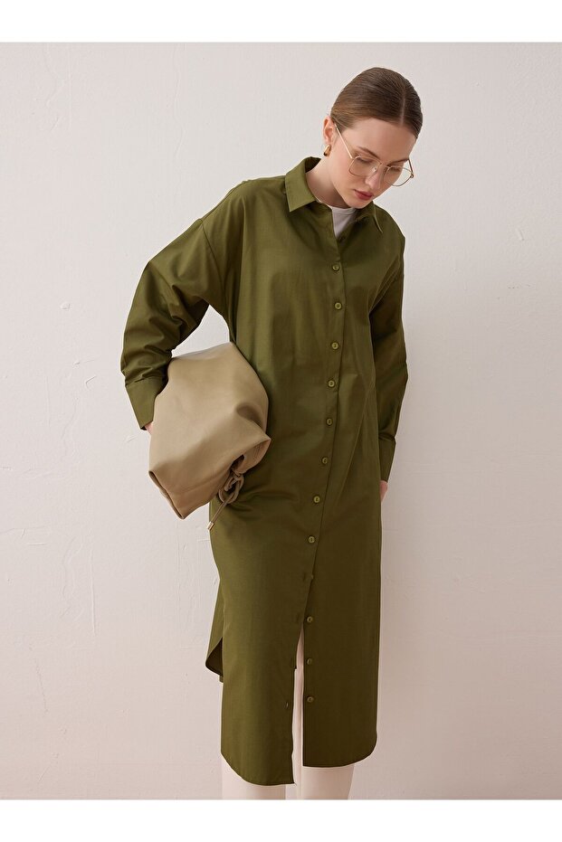 Poplin Kumaşlı Uzun Basic Gömlek - Haki - - 3
