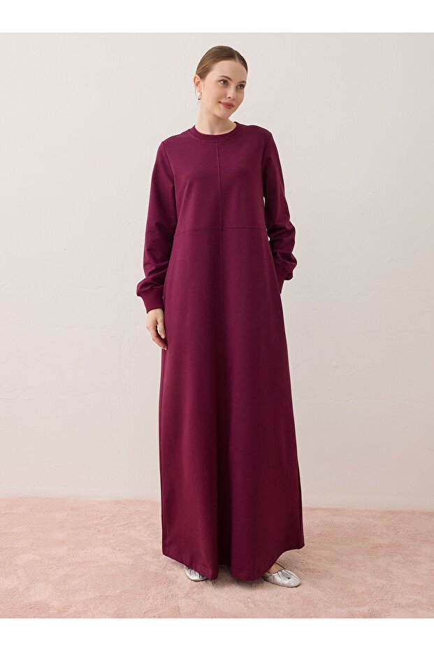 Cep Detaylı Basic Tesettür Elbise - Vişne - - 3