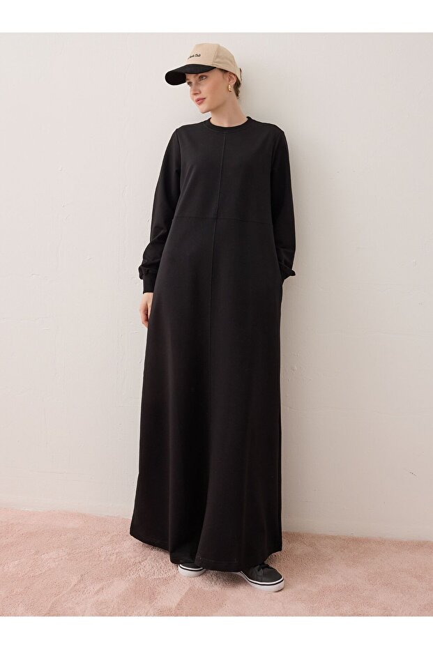 Cep Detaylı Basic Tesettür Elbise - Siyah - - 2