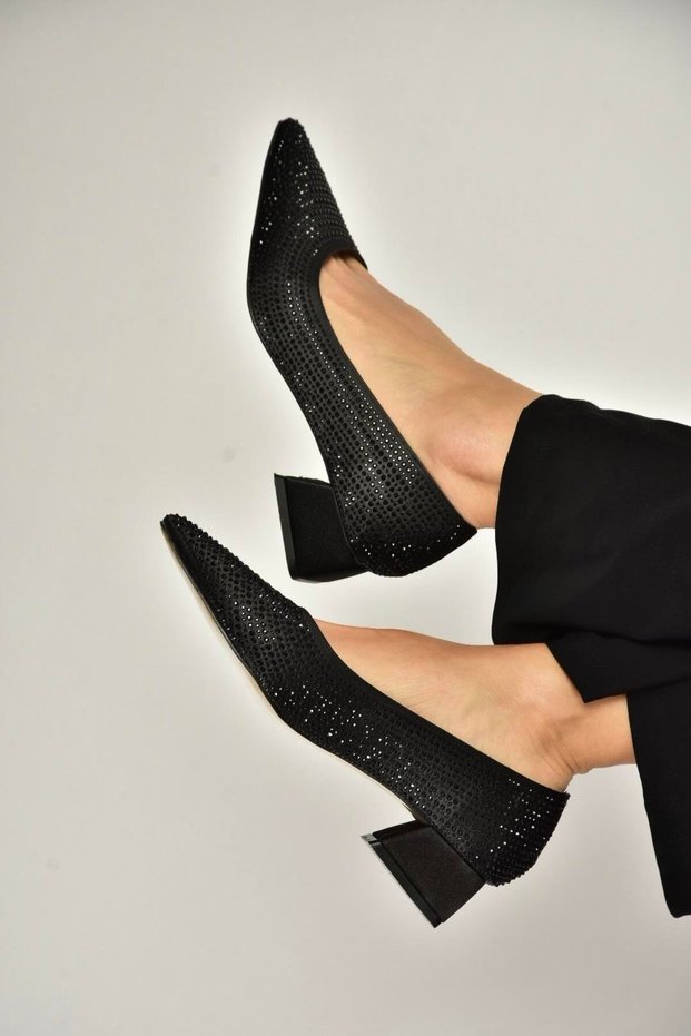 Y820071804 Black Fabric Stone Detailed Thick Heeled Evening Dress Shoes