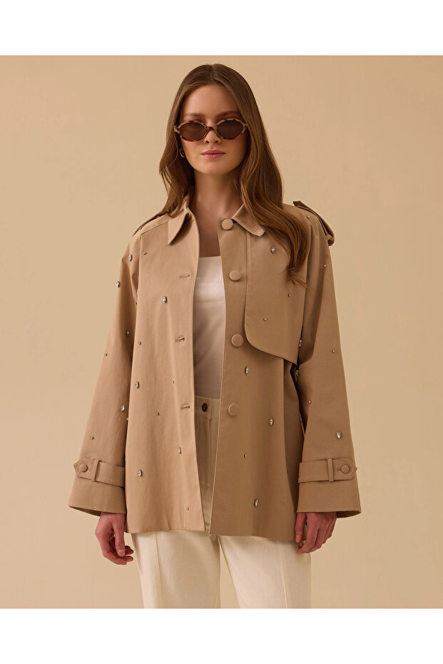 Taşlı Oversize Trençkot - 2