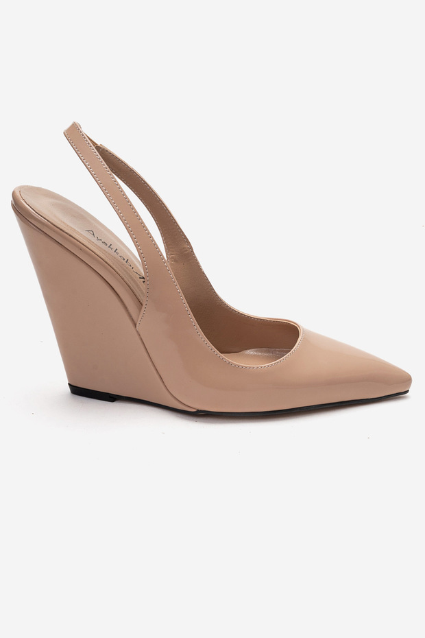Nude Patent Leather Pointed Toe Wedge Heeled Open Back Women's Shoes Doly