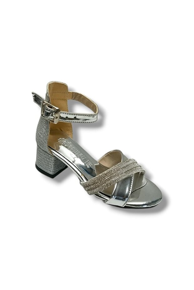 7454-26 Glittery Leather Stone Heeled Girls' Sandals 27-30