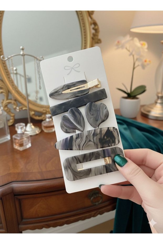 Set of 6 Marble Patterned Women's Hair Clips with Gold Detail, Bone Clips with Snap Fasteners