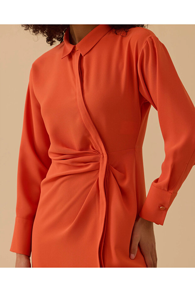 Gömlek Yaka Drapeli Elbise - 6