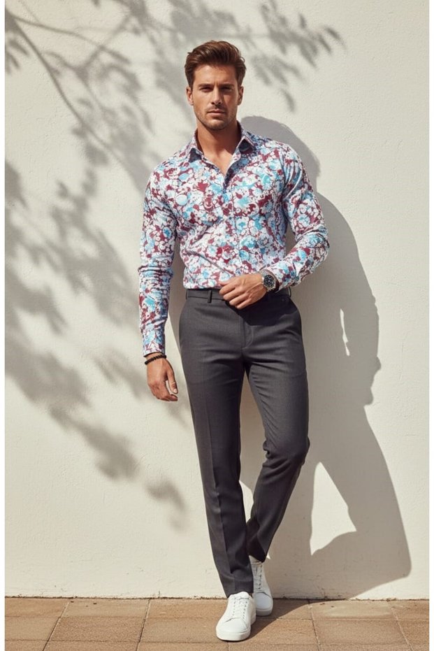 Colorful Floral Patterned Long Sleeve Men's Shirt