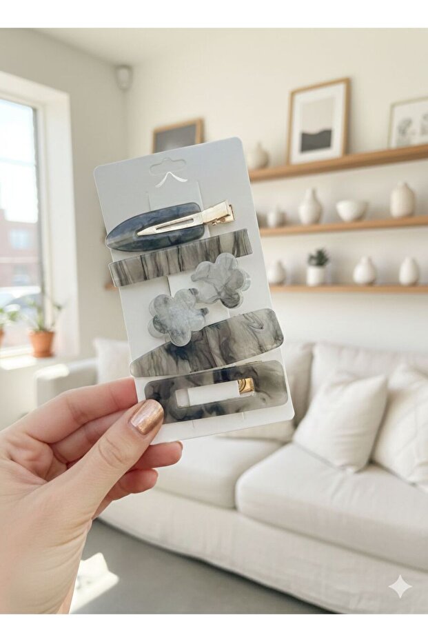 Set of 6 Marble Patterned Women's Hair Clips with Gold Detail, Bone Clips with Snap Fasteners