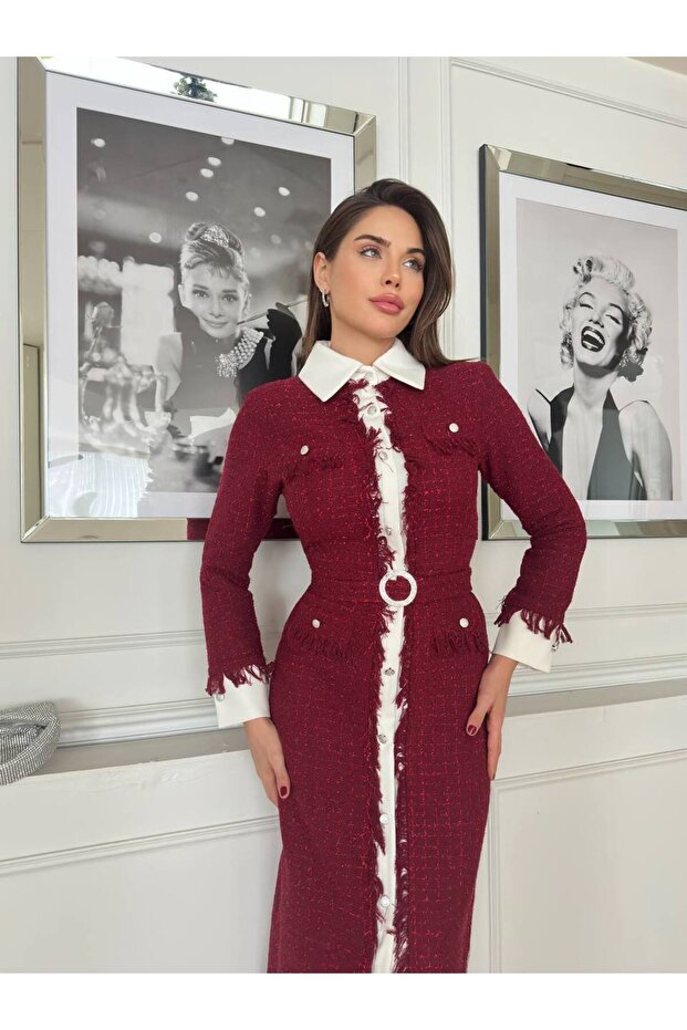 Imported Crepe&Tweed Fabric, Button Detailed, Belt Included, Lined, Special Design Shirt Dress