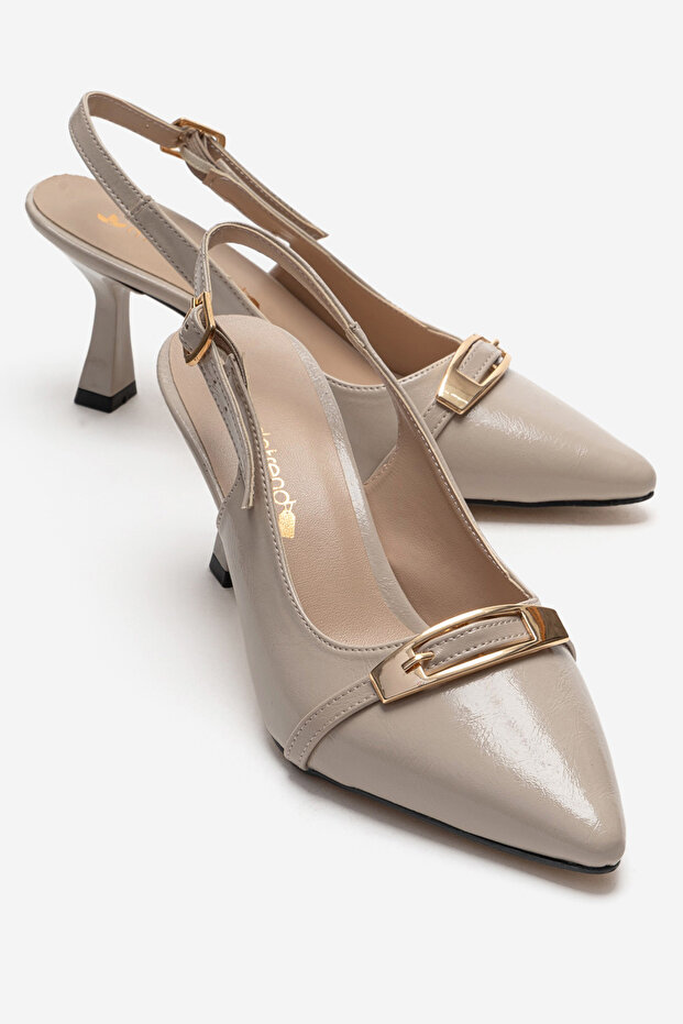 Women's Open-Back Buckle Heeled Sandals; Beige Crinkled