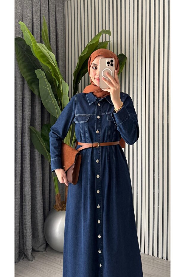 Women's Denim Buttoned Belted Long Dress