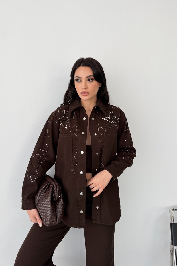 Brown Patterned Stone Embroidered Shirt Jacket