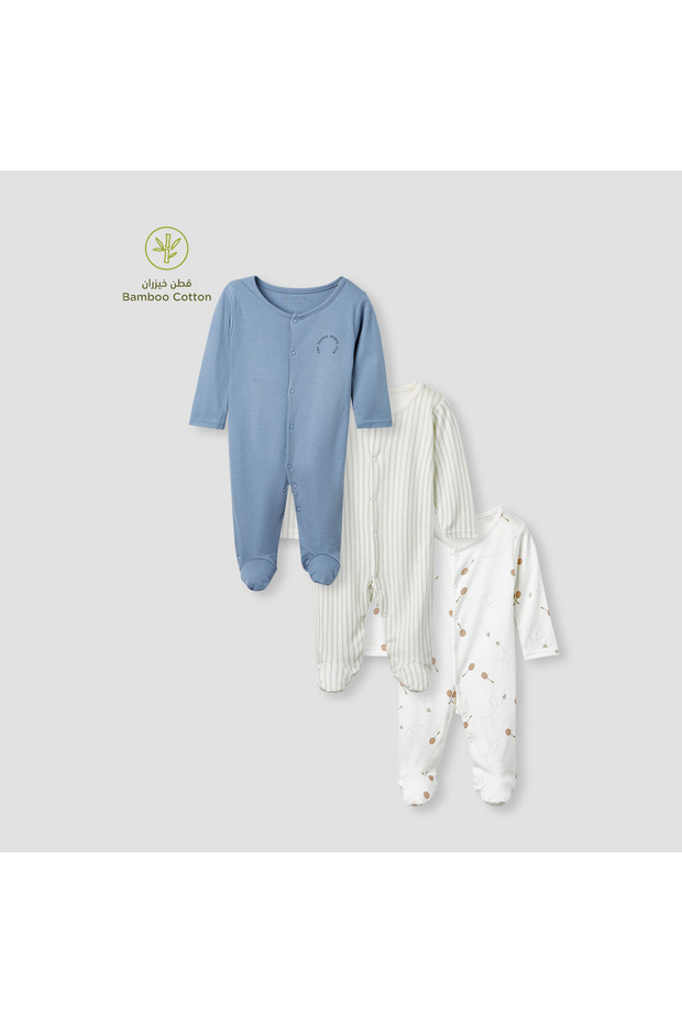 Printed Closed Feet Sleepsuit with Long Sleeves - Set of 3